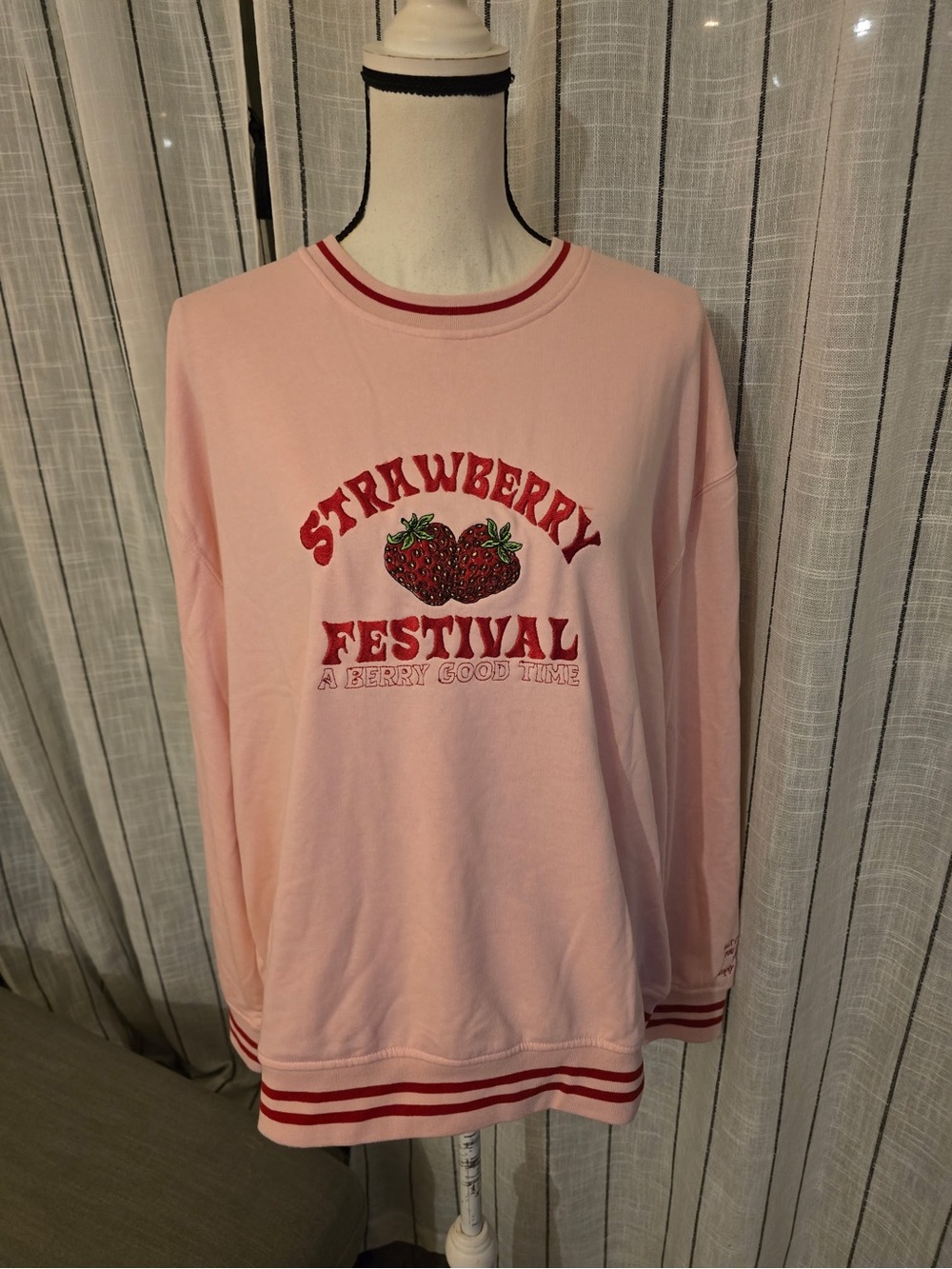 Simply Southern Light Pink Strawberry Festival Long Sleeve Tee with Red Trim